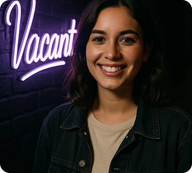 Recruiter smiling with 'Vacant' neon sign